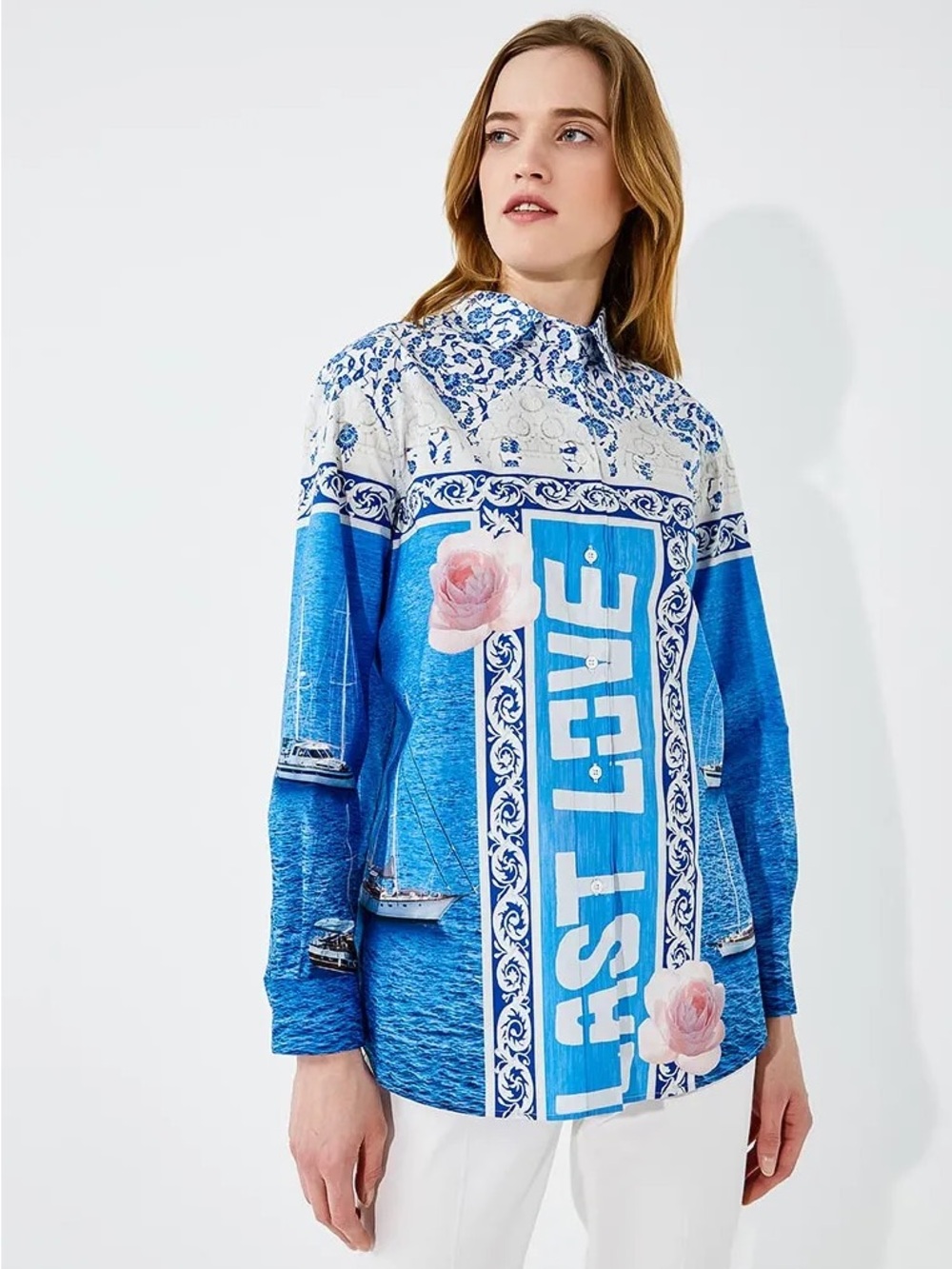 Weekend Max Mara Blue Floral Graphic Button-Up Jacket